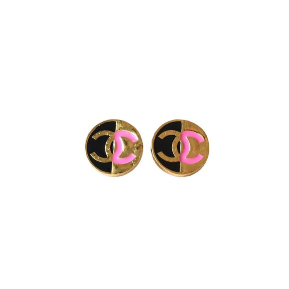 Chanel CC Metal Enamel Round Earrings Gold Pink Black - Picture 1 of 1